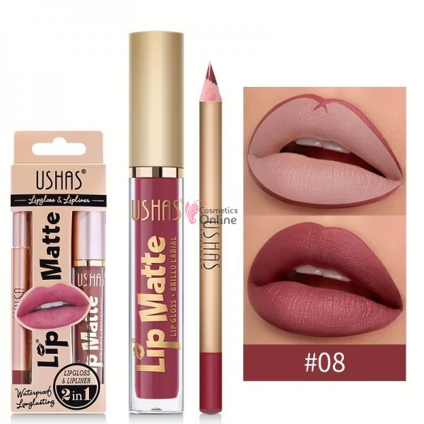 Gloss pentru buze USHAS Gloss Matt 24H cu 1 Creion pentru contur - US08 Coral Pink